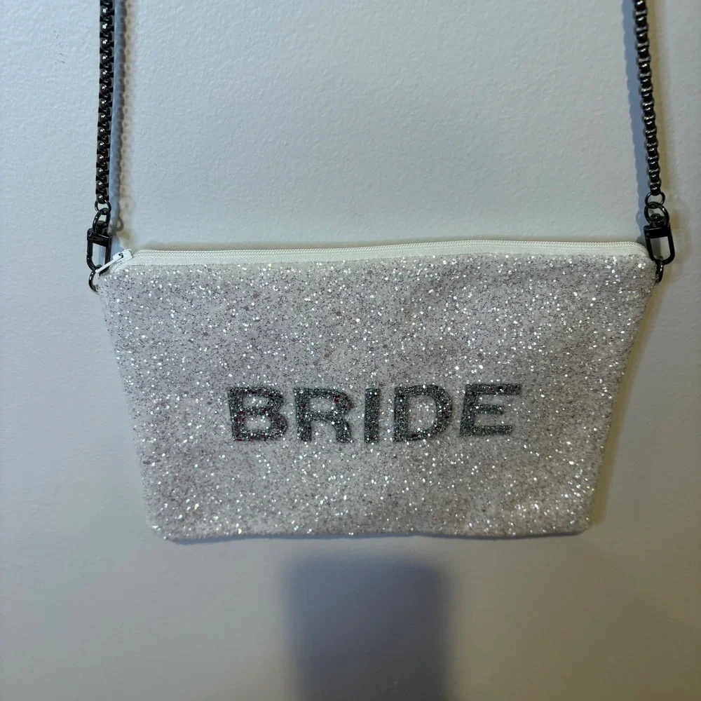 Bride White Glitter Clutch Bag‎ with Detachable Chain Crossbody Strap